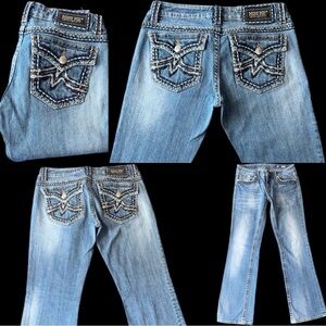 Miss Me Blue Boot Cut Jeans with Rhinestone Embellishments